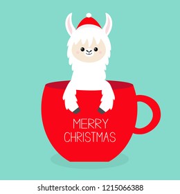 Merry Christmas. Alpaca llama sitting in red coffee cup teacup. Santa hat. Face and hands. Cute cartoon character. Hello winter. Happy New Year. Blue background. Flat design. Vector