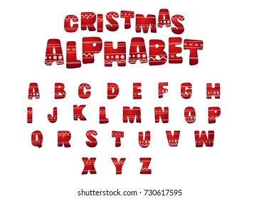 Merry Christmas alphabet letters with holiday ornament. ABC-xmas font set. Cartoon lettering template for poster, banner, kids' illustration, app, its design. Editable typography vector illustration