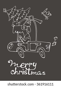 Merry Christmas. Amazing card with cute dog in Santas costume driving with Cristmas tree. vector illustration