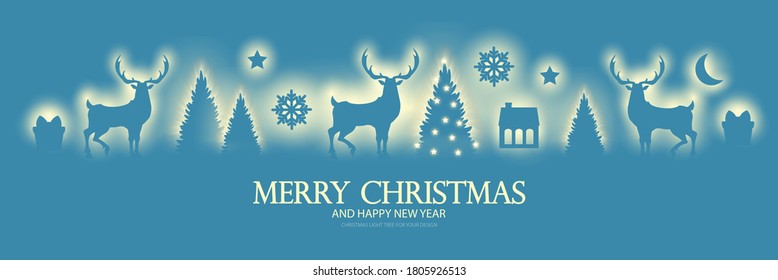 Merry Christmas amd happy new 2021 year shining silhouettes design template with fir trees, deer, gifts and snow. Soft light effect.