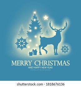 Merry Christmas amd happy new 2021 year shining silhouettes design template with fir trees, deer, gifts and snow. Soft light effect