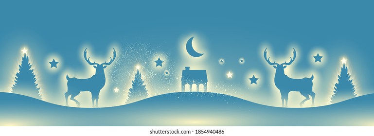 Merry Christmas amd happy new 2021 year shining silhouettes design template with fir trees, deer, gifts and snow. Soft light effect