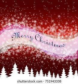 Merry Christmas among snowflakes with trees on a dark red background