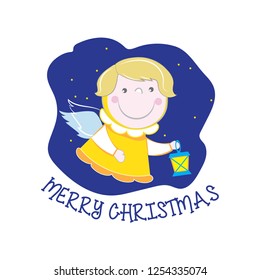 Merry Christmas angel with a lantern cartoon character vector illustration.