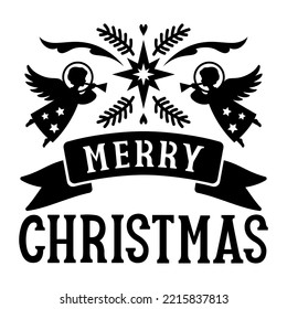 Feliz ángel de Navidad con estrella. Ilustración vectorial para el corte. Cita manuscrita de vacaciones. Texto para tarjeta de saludo, invitación, pancarta, afiche, imprimir camiseta. Aislado sobre fondo blanco.