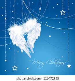 Merry Christmas Angel Wings Background.  Greeting Card In Vector.