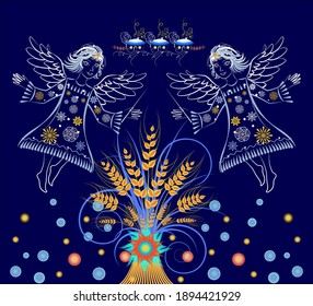 Merry christmas angels with magic wands.Ukrainian didukh.