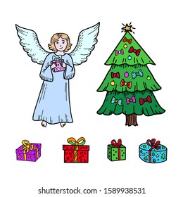 Merry Christmas angels and New Year set.