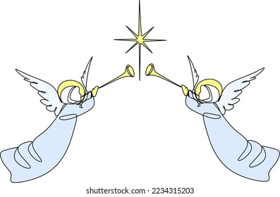 Merry Christmas angels trumpet. Continuous drawing in one line. Vector illustration