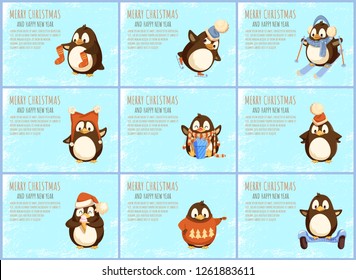 Merry Christmas animal wearing knitted socks set vector. Penguin in warm hat, presents with bows and ribbons decoration, boxes surprise containers