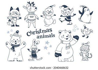 Merry Christmas animals characters in winter clothes and snowman, elf collection isolated. Polar bear, penguin, rabbit, reindeer. Vector flat illustration. For card, banner, print, pattern, invitation