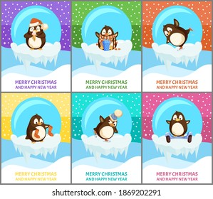 Merry Christmas animals in glass balls penguins set vector. Birds wearing Santa Claus hat, holding socks and skating, falling down. Snowing weather