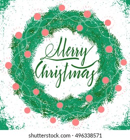 Merry Christmas art lettering inscription. Tree fir wreath brig garland glowing light bulb.