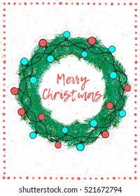 Merry Christmas art lettering tree fir wreath brig sparkling garland glowing light red bulb.