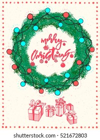 Merry Christmas art lettering tree fir wreath brig sparkling garland glowing light red bulb. Christmas gifts.