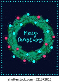 Merry Christmas art lettering tree fir wreath brig sparkling garland glowing light bulb.