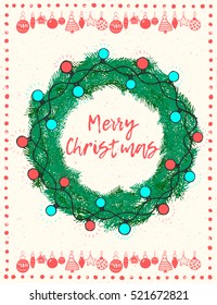 Merry Christmas art lettering tree fir wreath brig sparkling garland glowing light red bulb. Christmas toys.