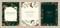Merry Christmas Artistic Templates. Corporate Holiday Card And Invitation. Floral Frame And Background Design. Greeting Card, Poster, Holiday Cover, Banner, Flyer. Modern Flat Vector Illustration.