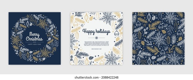 Merry Christmas artistic templates. Corporate Holiday cards and invitations. Winter frames and backgrounds design.