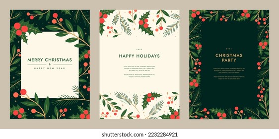Merry Christmas artistic templates. Corporate Holiday card and invitation. Floral frame and background design. greeting card, poster, holiday cover, banner, flyer. Modern flat vector illustration.