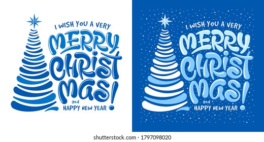 Merry Christmas artistic and unique lettering with stylized christmas tree. Handwriting calligraphy typography set. Easy to use for any designs on Christmas and New Year. Vector illustration.