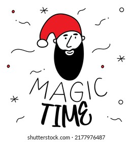 Merry Christmas avatar with head of Santa Claus or elf characters portrait with lettering MAGIC TIME. The xmas black and red vector illustration in doodle art style. Trendy hand drawn icons. 
