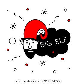 Merry Christmas avatars head elf or gnome and lettering BIG ELF. The xmas black and red vector illustration in doodle art style. Trendy hand drawn icons.