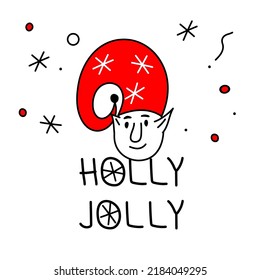 Merry Christmas avatars head elf or gnome and lettering HOLLY  LOLLY. The xmas black and red vector illustration in doodle art style. Trendy hand drawn icons.