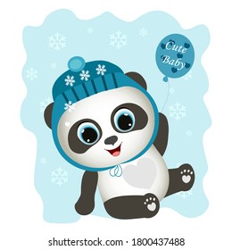 Merry Christmas. Baby boy panda with balloon. Baby print or poster. Cute boy panda vector illustration for children. Panda with snowflakes