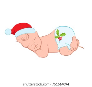 Merry Christmas Baby. Newborn Boy Or Girl, Vector Cartoon Character. Xmas Card With Sleeping Baby Hand Drawn Sketch.