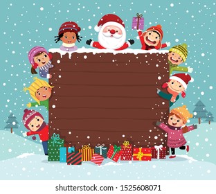 Merry Christmas Backgroud Wooden Board With Group Of Kids And Santa Claus In Snow Day.