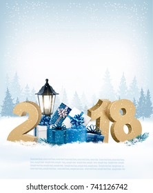 Merry Christmas Background with 2018 and gift boxes.Vector