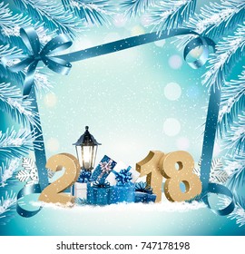 Merry Christmas Background with 2018 and gift boxes and branch of tree.Vector