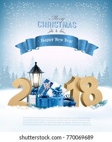 Merry Christmas Background with 2018 and gift boxes and blue ribbon. Vector