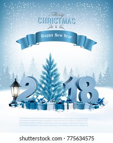 Merry Christmas Background with 2018 and gift boxes and blue ribbon. Vector