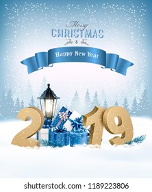 Merry Christmas Background with 2019 and gift boxes and blue ribbon. Vector