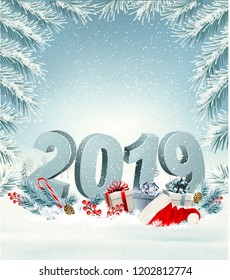Merry Christmas Background with 2019 and gift boxes and Santa Hat. Vector