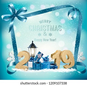 Merry Christmas Background with 2019 and gift boxes and branch of tree. Vector Merry Christmas Background with 2019 and gift boxes and branch of tree. Vector