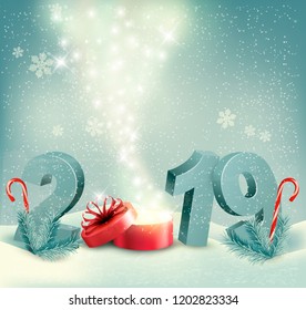 Merry Christmas Background with 2019 and magic box. Vector