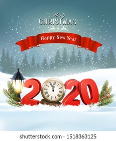 Merry Christmas Background with 2020 and clock and a red ribbon. Vector