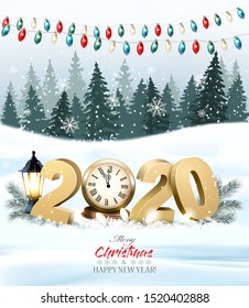 Merry Christmas Background with 2020 and clock and colorful garland. Vector