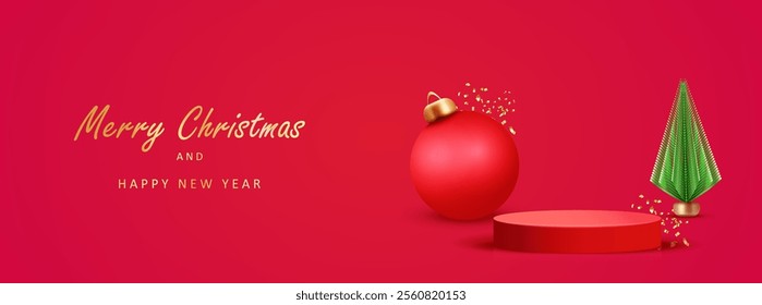 Merry Christmas background with 3d balls, gold confetti and green toy tree with red podiums. Holiday red card with stage. Vector x-mas mock up display for sale product design.