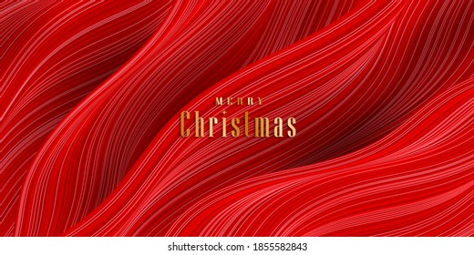 Merry Christmas background 3D. Festive red striped background. Backdrop with flow lines. Vector illustration wavy stripes. Holiday banner. Elegant decoration. Design poster, greeting card, wallpaper.