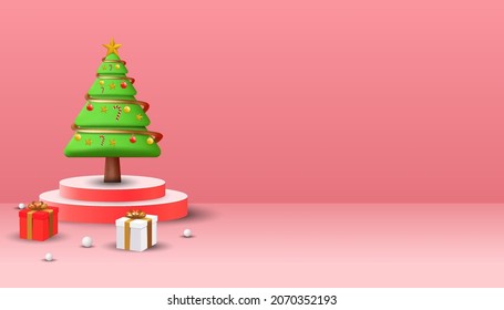 merry christmas background with 3D christmas tree on the podium and gift boxes 3D. christmas background with copy space