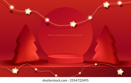 Merry Christmas background with 3d trees, lamps, gold glitter stars and red podium. Holiday mock up red card. Vector x-mas design with pedestal for display sale product vector design.