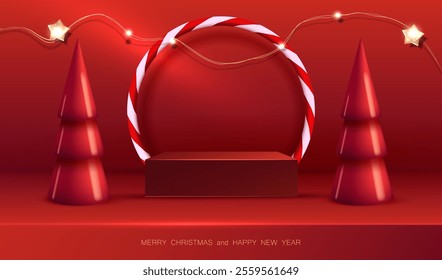 Merry Christmas background with 3d trees, glitter stars, candy cane circle and red podium. Holiday mock up red card. Vector x-mas design with pedestal for display sale product vector design.