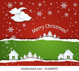 Merry Christmas Background with an abstract tree made with paper tags and a pin. Ideal for original postcards or flyer.