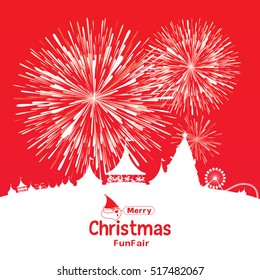 Merry Christmas background with amusement park and fireworks. Vector illustration