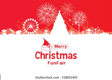 Merry Christmas background with amusement park and fireworks. Vector illustration