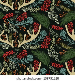Merry christmas background. Antlers, twigs and herbs. Dark background